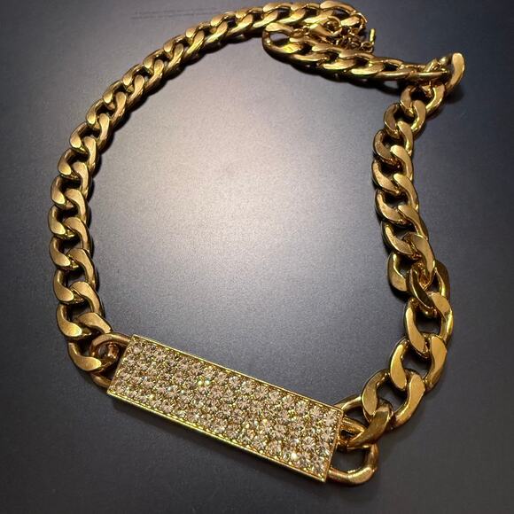 Thick Gold Tone Choker Chain Rhinestone Necklace - Picture 3 of 8